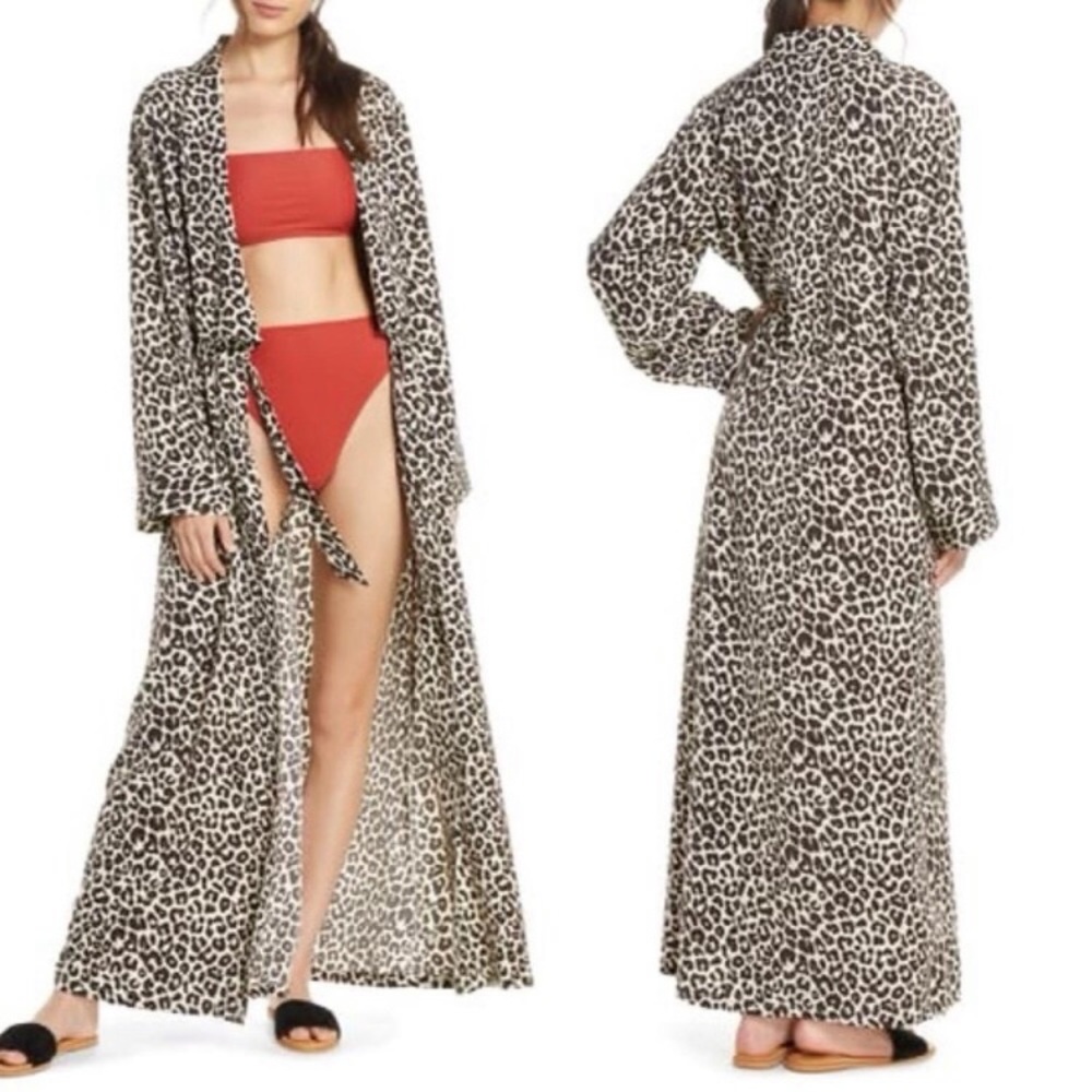 SOMETHING NAVY Maxi Swim BeachCover-up Wrap In Brown Ganache Leopard